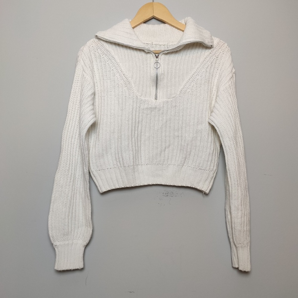 Quarter Zip Cropped Shaker Knit Sweater White Small